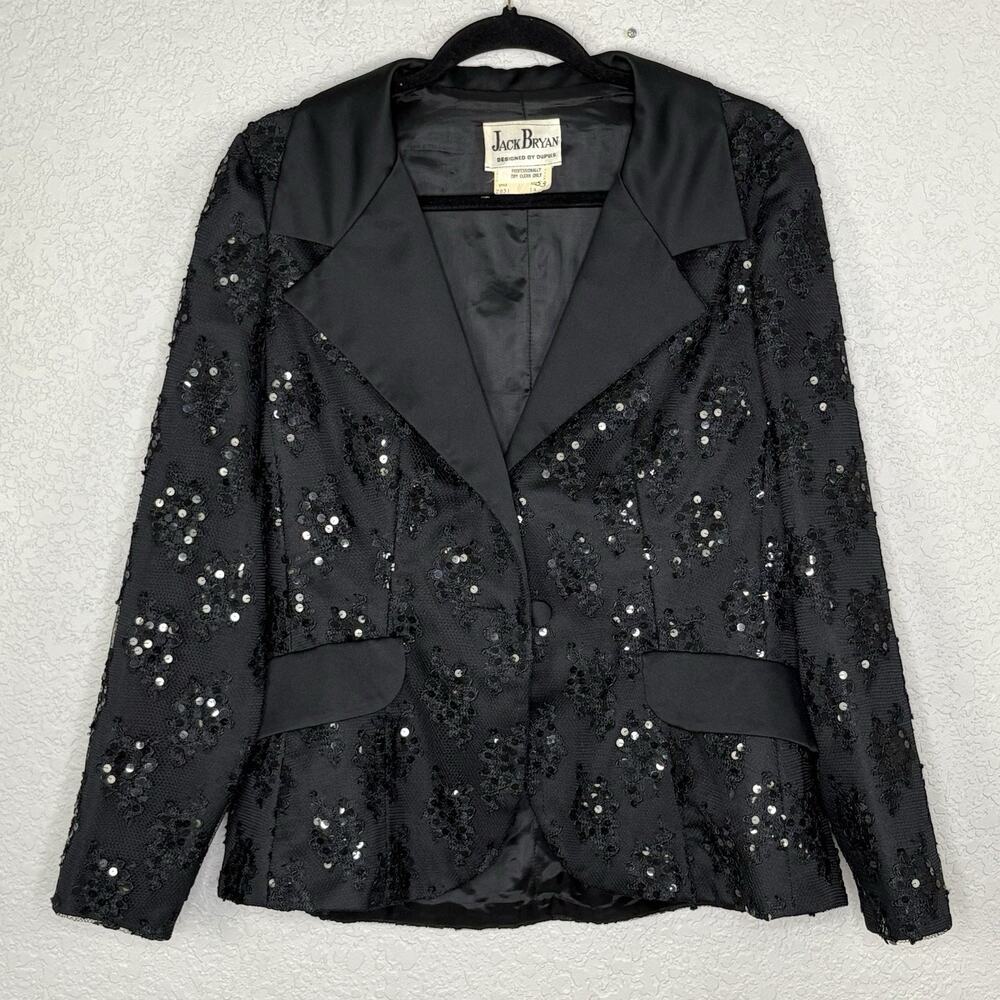 Vintage 60s Jack Bryan Womens Blazer Sequin Lace Satin Luxe Glam Black Size 14 - Picture 2 of 6